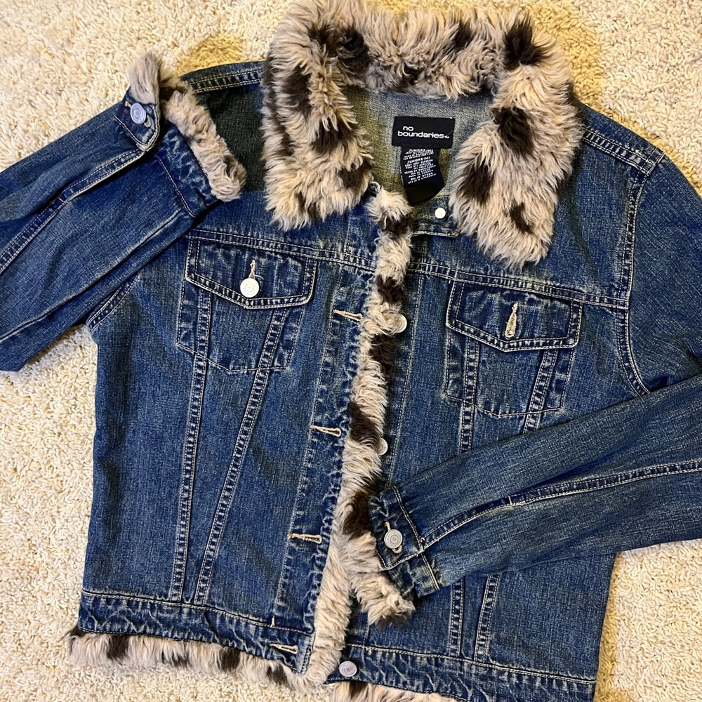 No Boundaries Blue Denim Jacket with Faux Fur Trim